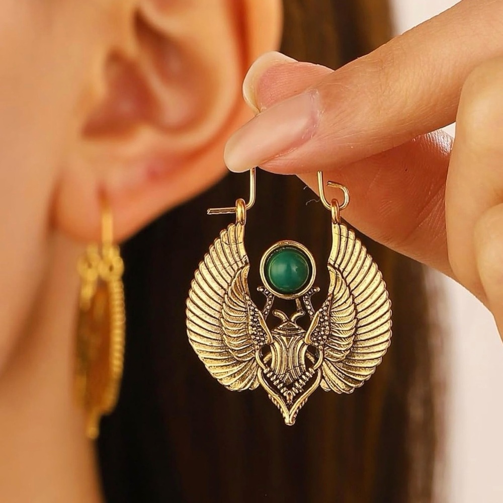 Gold Scarab Wing Earrings with Green Stone